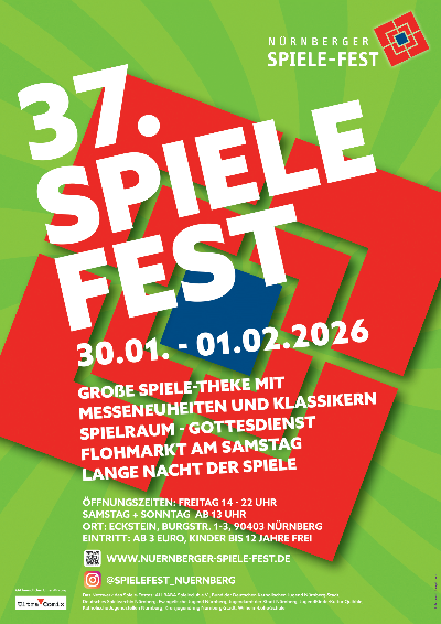 SpieleFest 2026_Plakat_A3-1 (c) Spielfest Plakat für das 37. Nürnberger Spiele-Fest mit Informationen, 30.01. bis 01.02.2026, grün-rotem Hintergrund und weißer Schrift.