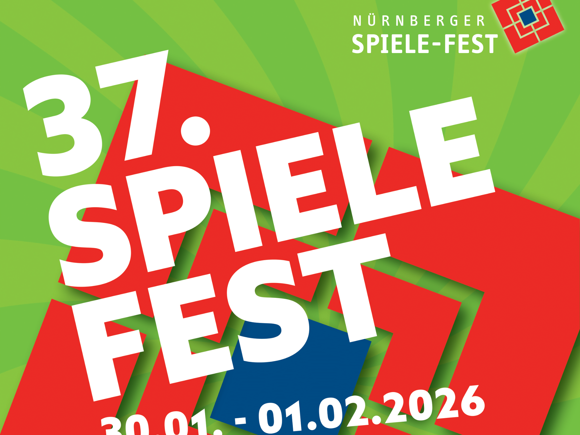 Plakat für das 37. Nürnberger Spiele-Fest mit Informationen, 30.01. bis 01.02.2026, grün-rotem Hintergrund und weißer Schrift.