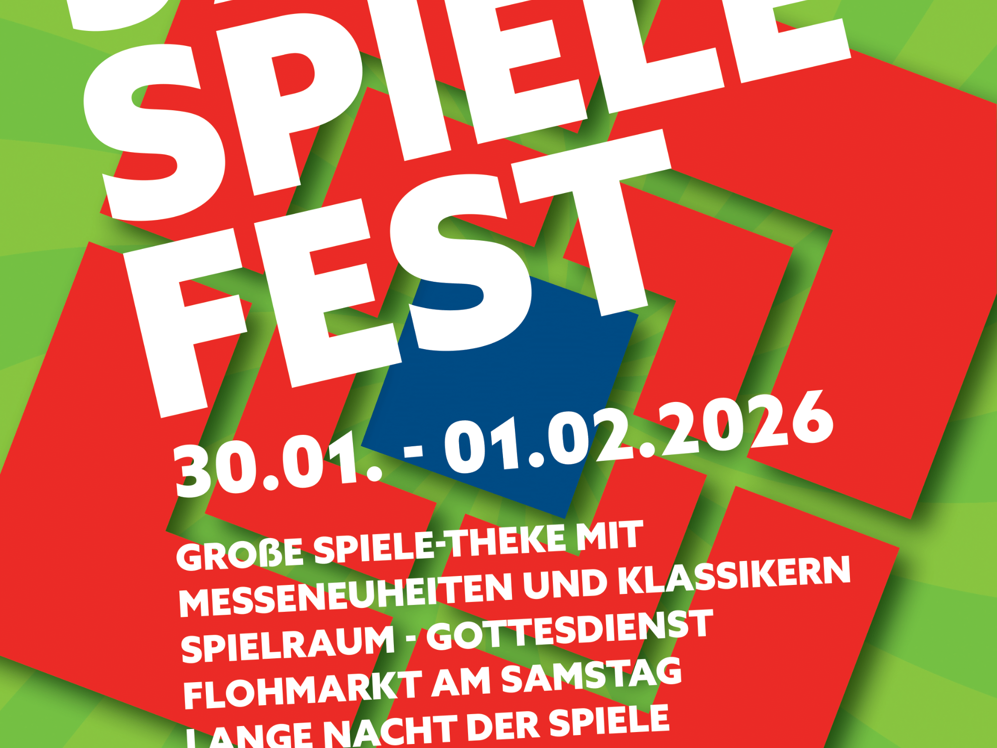 Plakat für das 37. Nürnberger Spiele-Fest mit Informationen, 30.01. bis 01.02.2026, grün-rotem Hintergrund und weißer Schrift.